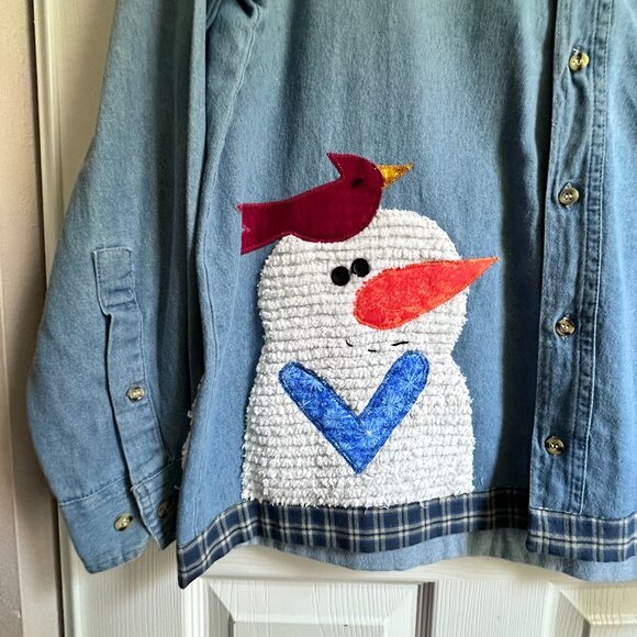 Vintage Women's 2X Denim Shirt Front & Back DIY 3D Snowman Applique Embroidery - Picture 8 of 11